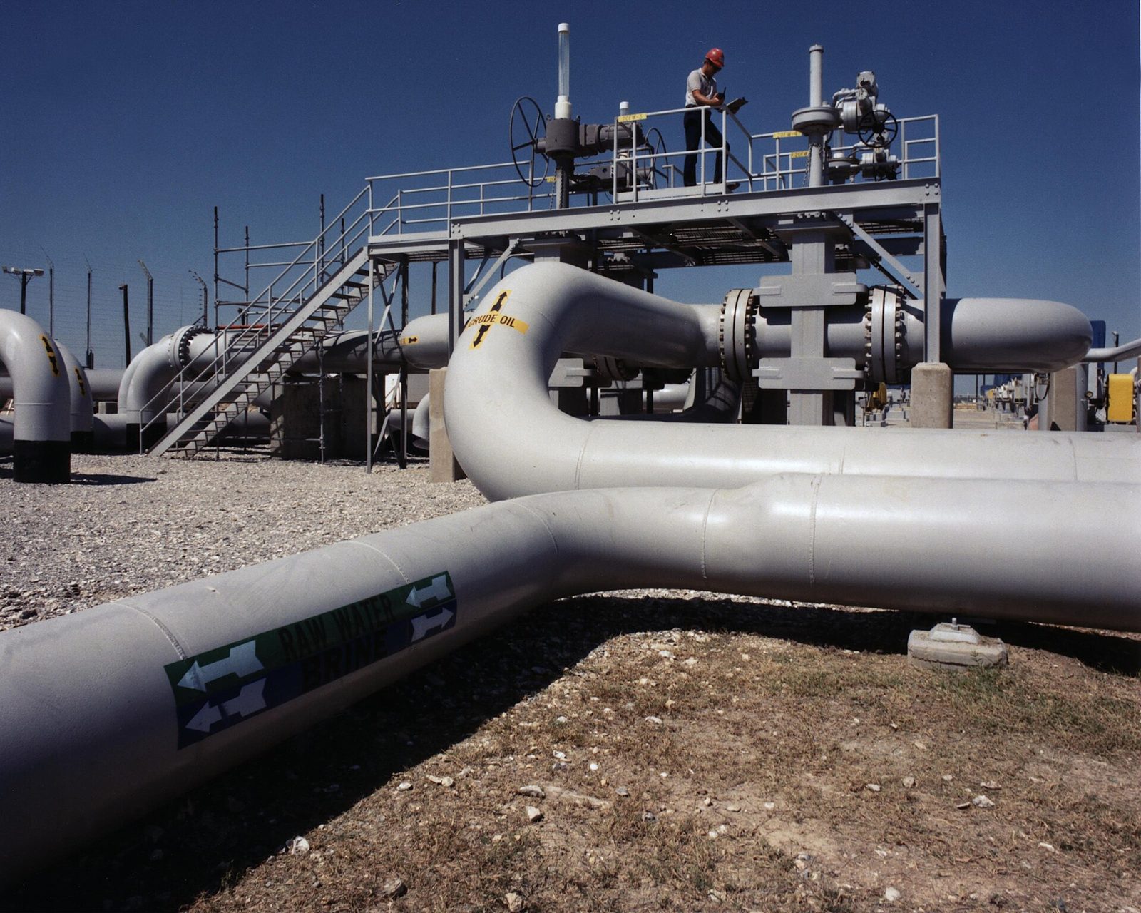 Crude oil and brine pipes on a high-pressure pump pad at the U.S. Strategic Petroleum Reserve.